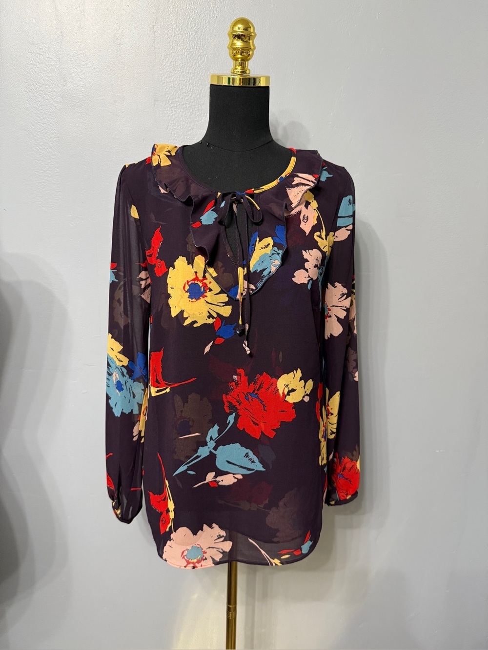 #12)  CAbi Purple Floral Tie-Neck Blouse